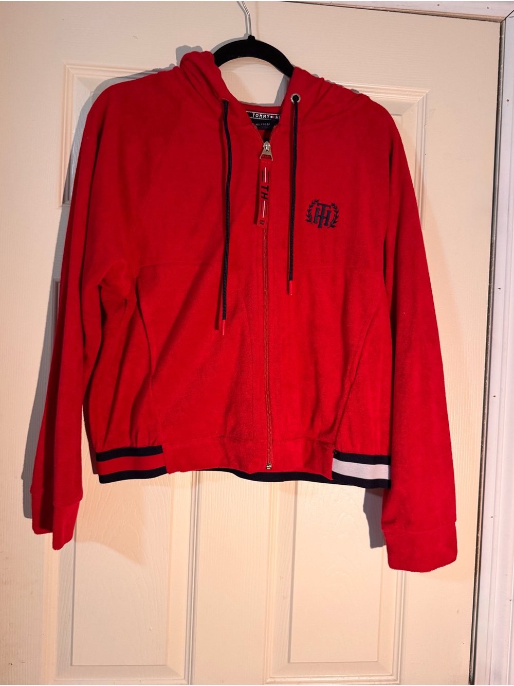 Tommy Hilfiger Bright Red Women’s Zip Hoodie with Striped Hem